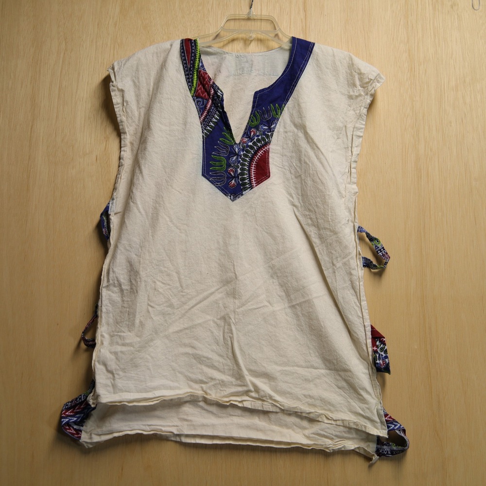 Vintage African Wax Print Dashiki Poncho Cream Cotton Open Side Tie Top m-l